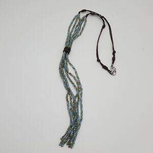 Blue Faceted Glass Aurora Borealis Bead Brown Leather Necklace